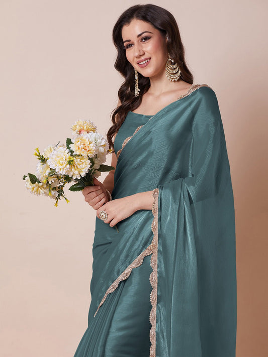 Teal Blue Chiffon Saree - Ressa
