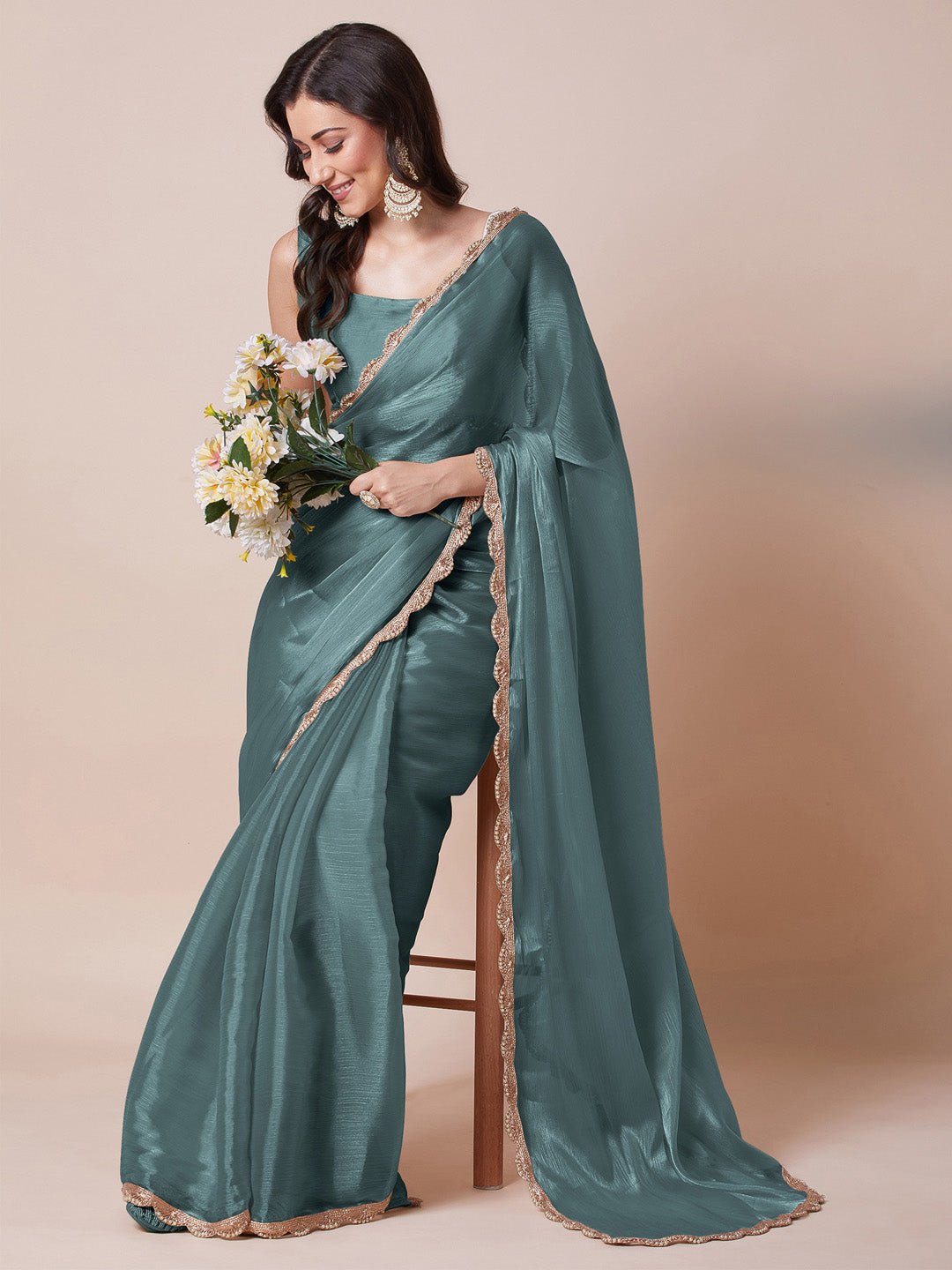 Teal Blue Chiffon Saree - Ressa