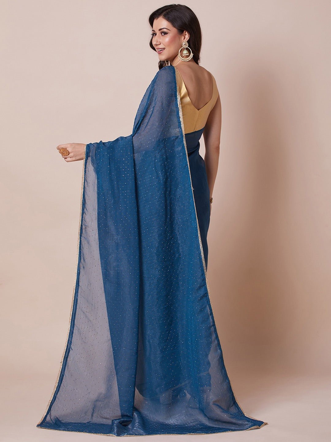 Teal Blue Chiffon Saree with All-Over Mukaish Sequin Work - Ressa