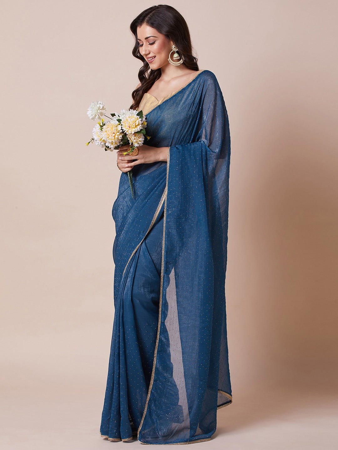 Teal Blue Chiffon Saree with All-Over Mukaish Sequin Work - Ressa
