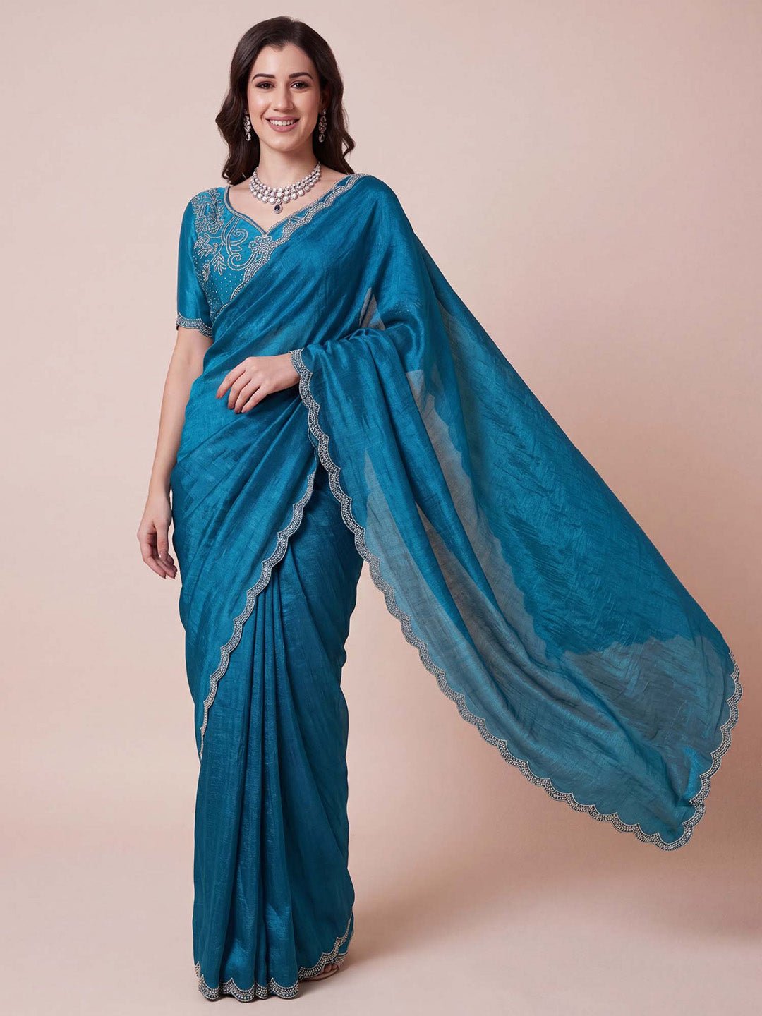 Teal blue chiffon with embellished designer saree - Ressa