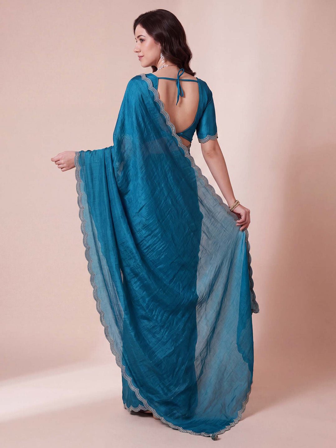 Teal blue chiffon with embellished designer saree - Ressa