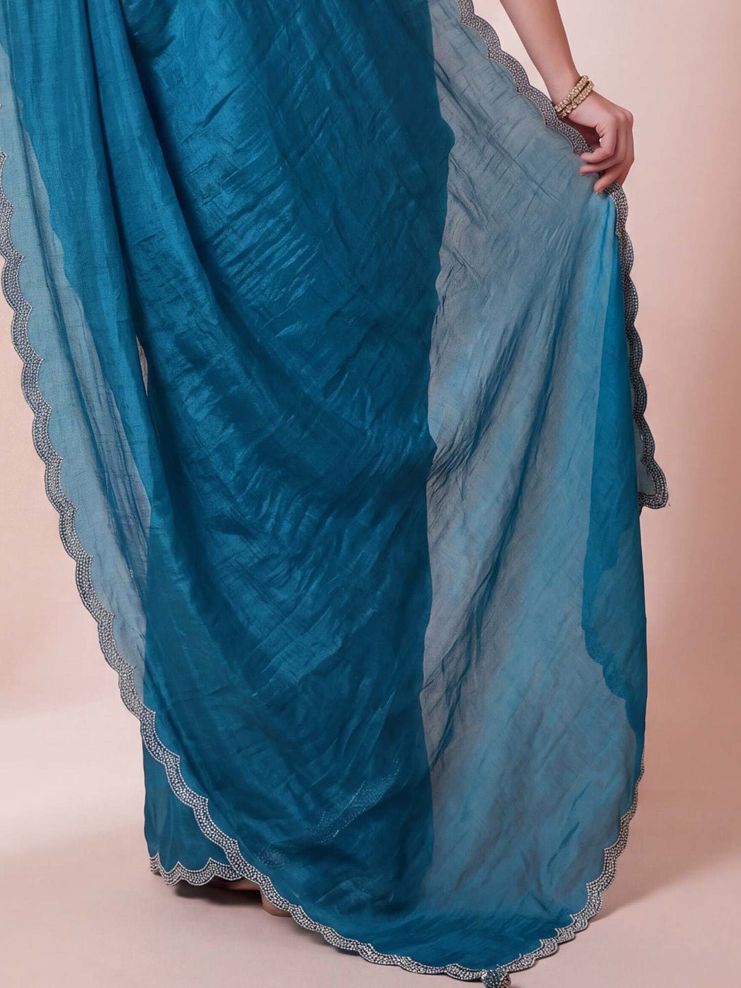 Teal blue chiffon with embellished designer saree - Ressa