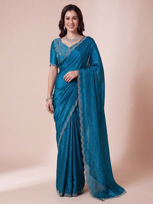 Teal blue chiffon with embellished designer saree - Ressa