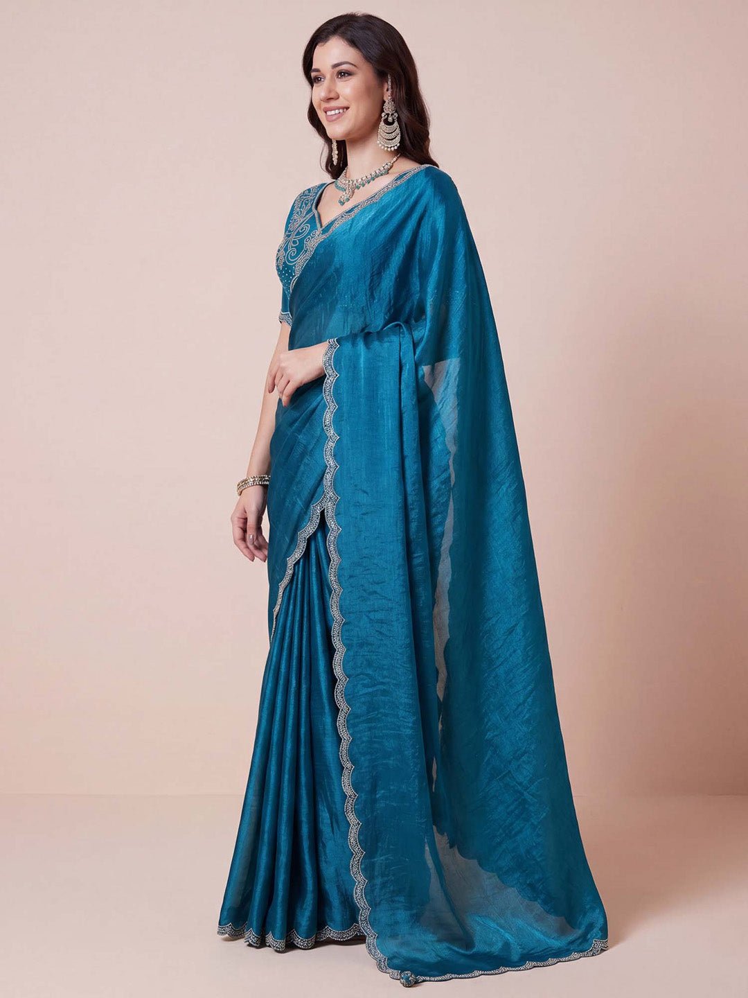 Teal blue chiffon with embellished designer saree - Ressa
