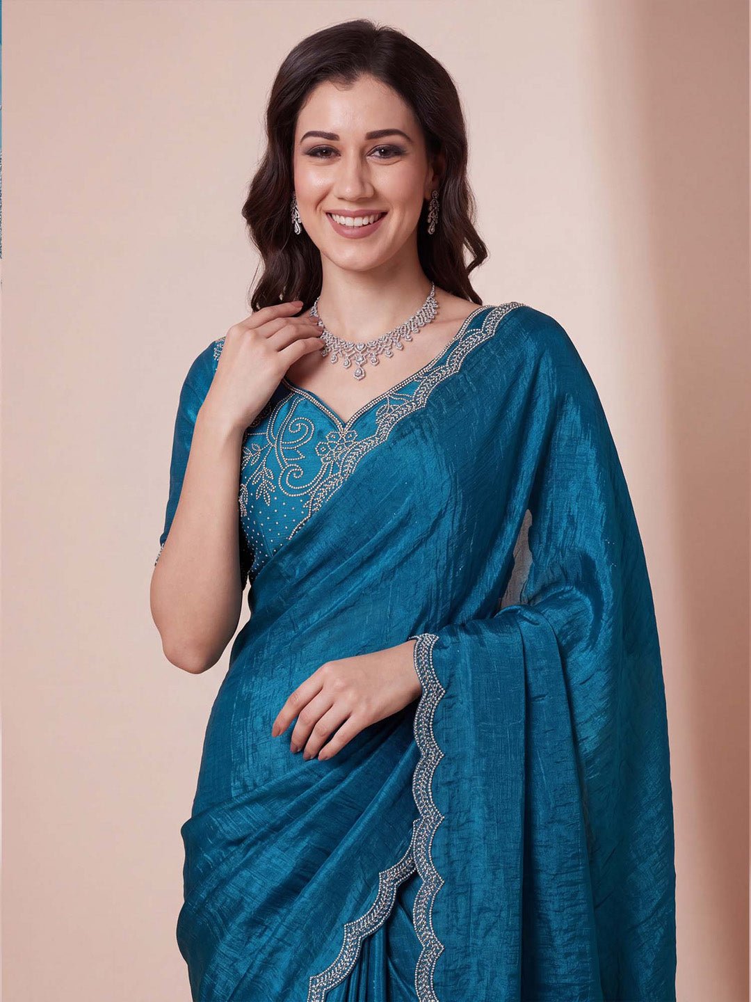 Teal blue chiffon with embellished designer saree - Ressa