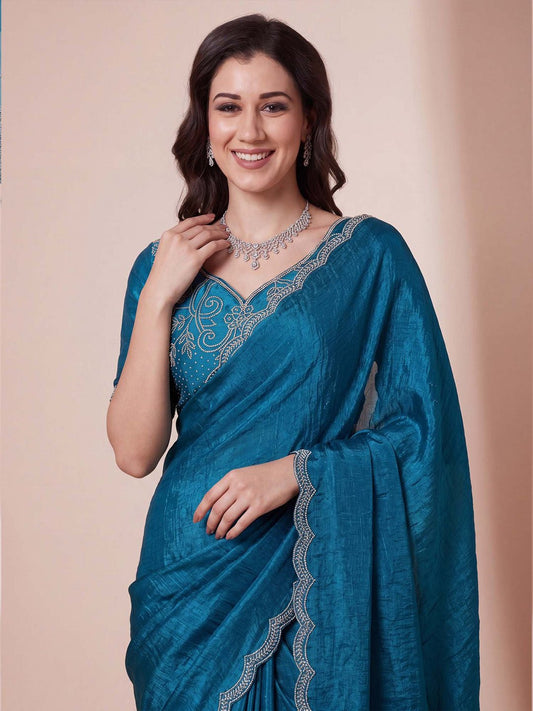 Teal blue chiffon with embellished designer saree - Ressa
