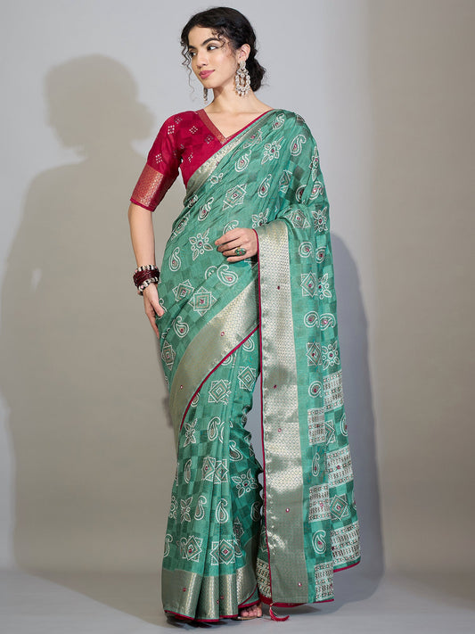 Teal Blue Cotton Saree with Zari Stripes - Ressa