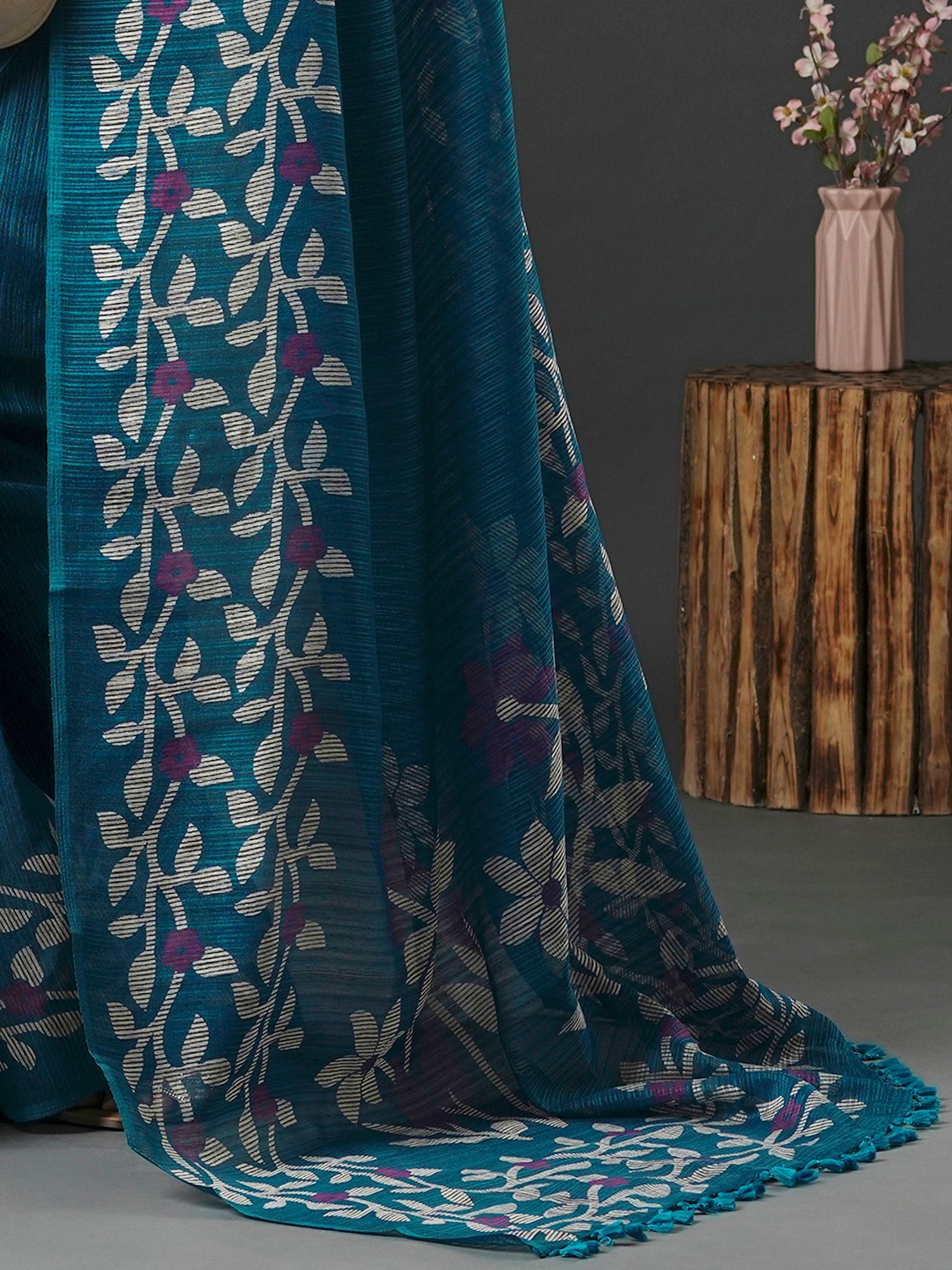 Teal Blue Cotton Slub floral Printed Saree - Ressa