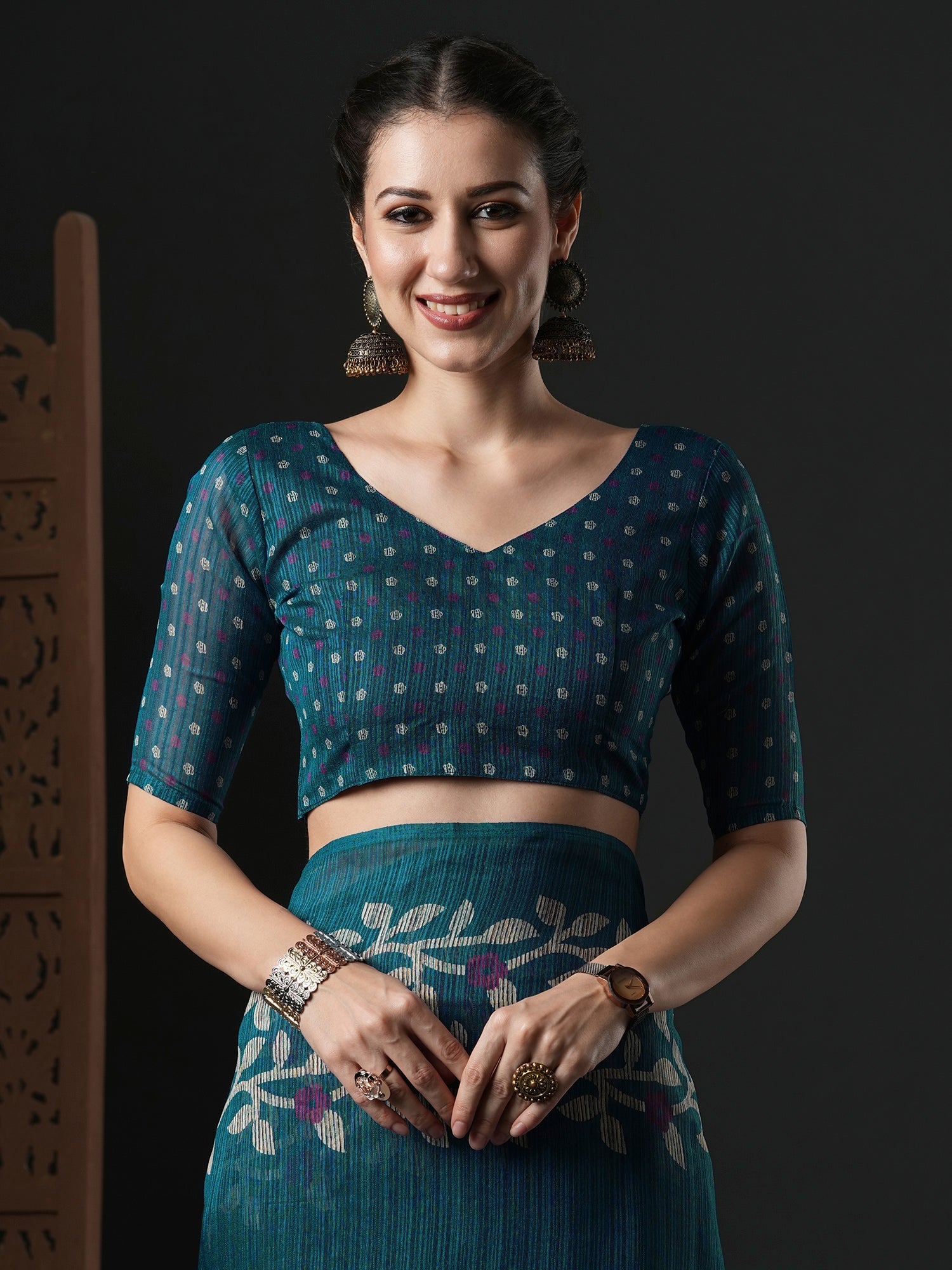 Teal Blue Cotton Slub floral Printed Saree - Ressa