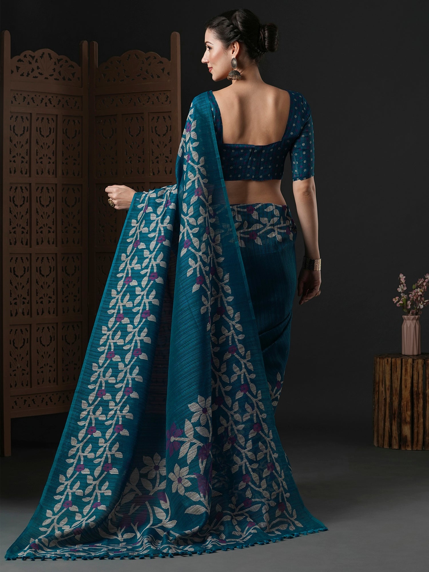Teal Blue Cotton Slub floral Printed Saree - Ressa