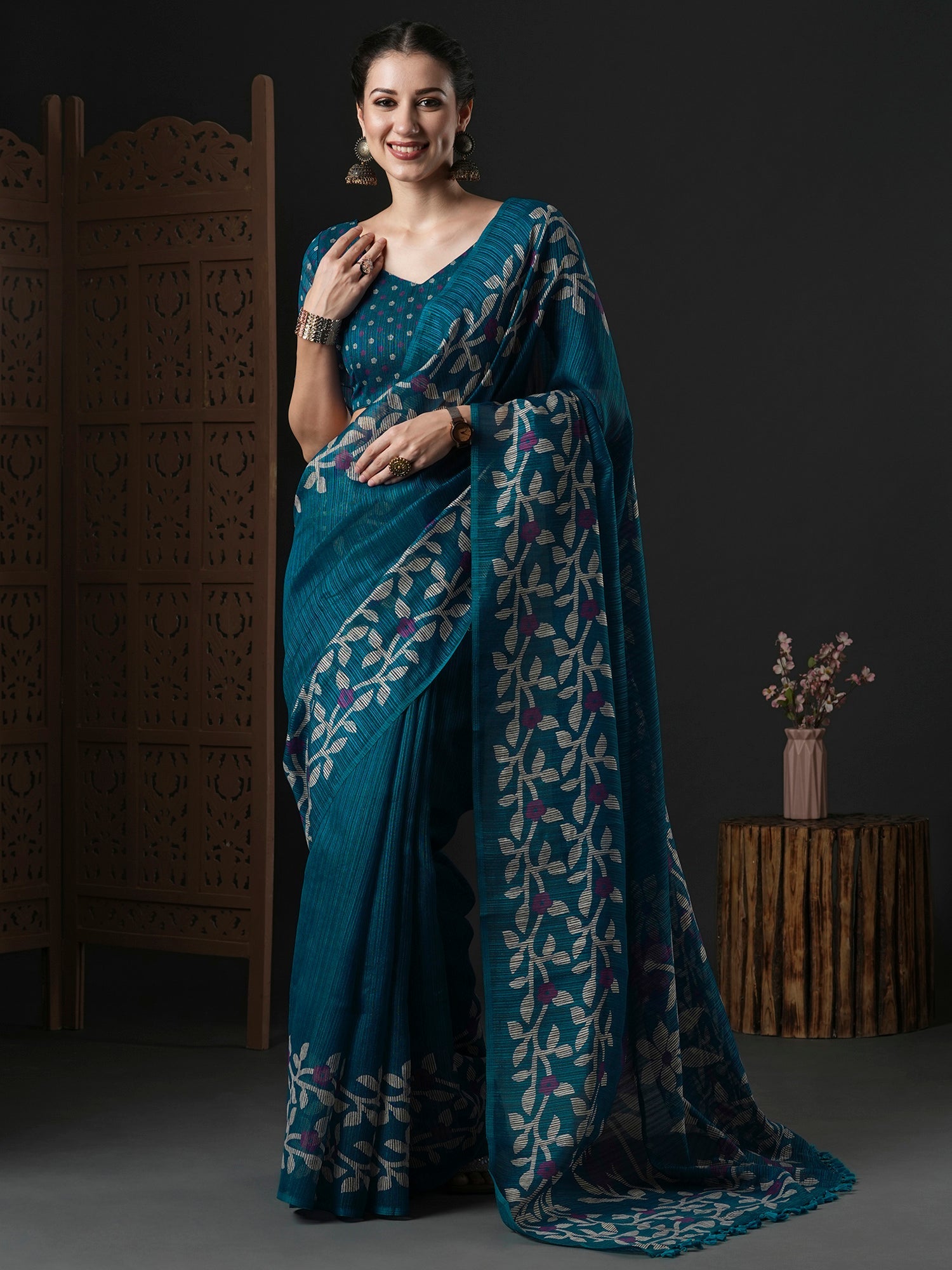 Teal Blue Cotton Slub floral Printed Saree - Ressa