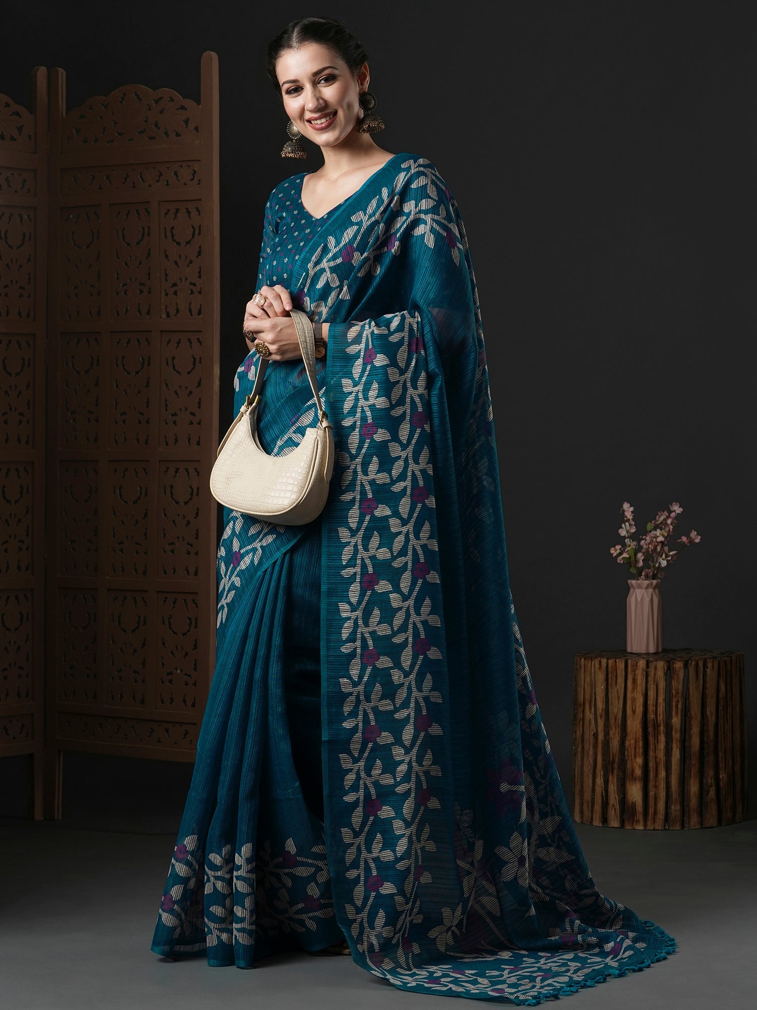 Teal Blue Cotton Slub floral Printed Saree - Ressa