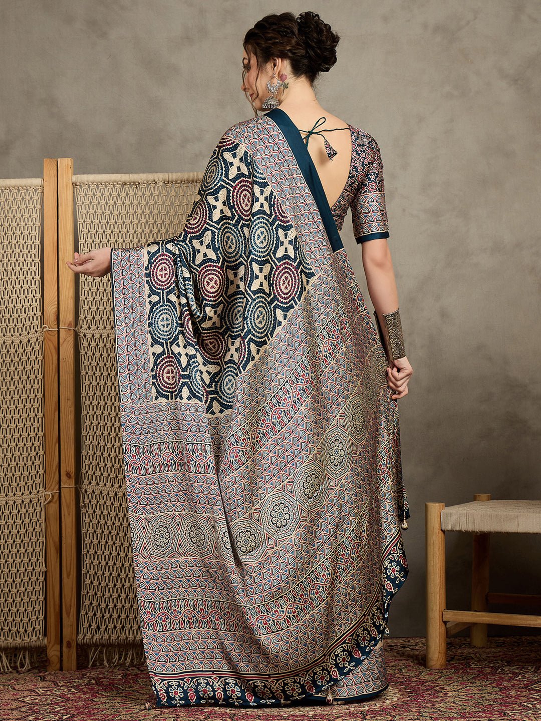 Teal Blue Crepe Ajrakh Print Saree - Ressa
