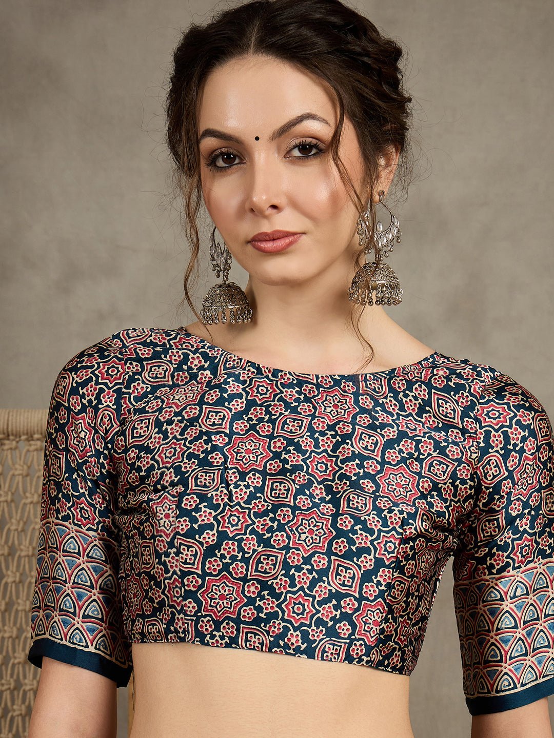 Teal Blue Crepe Ajrakh Print Saree - Ressa