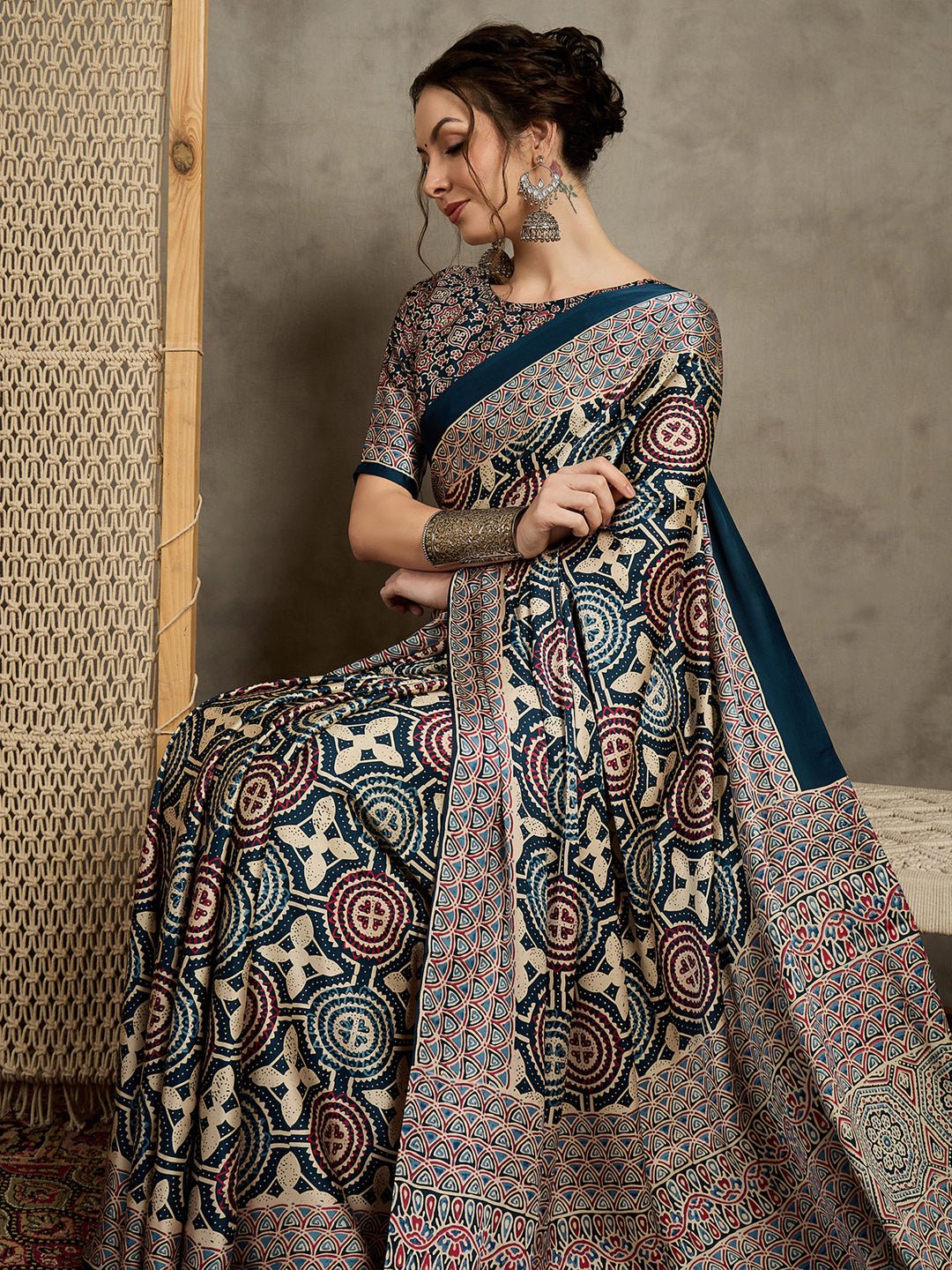 Teal Blue Crepe Ajrakh Print Saree - Ressa