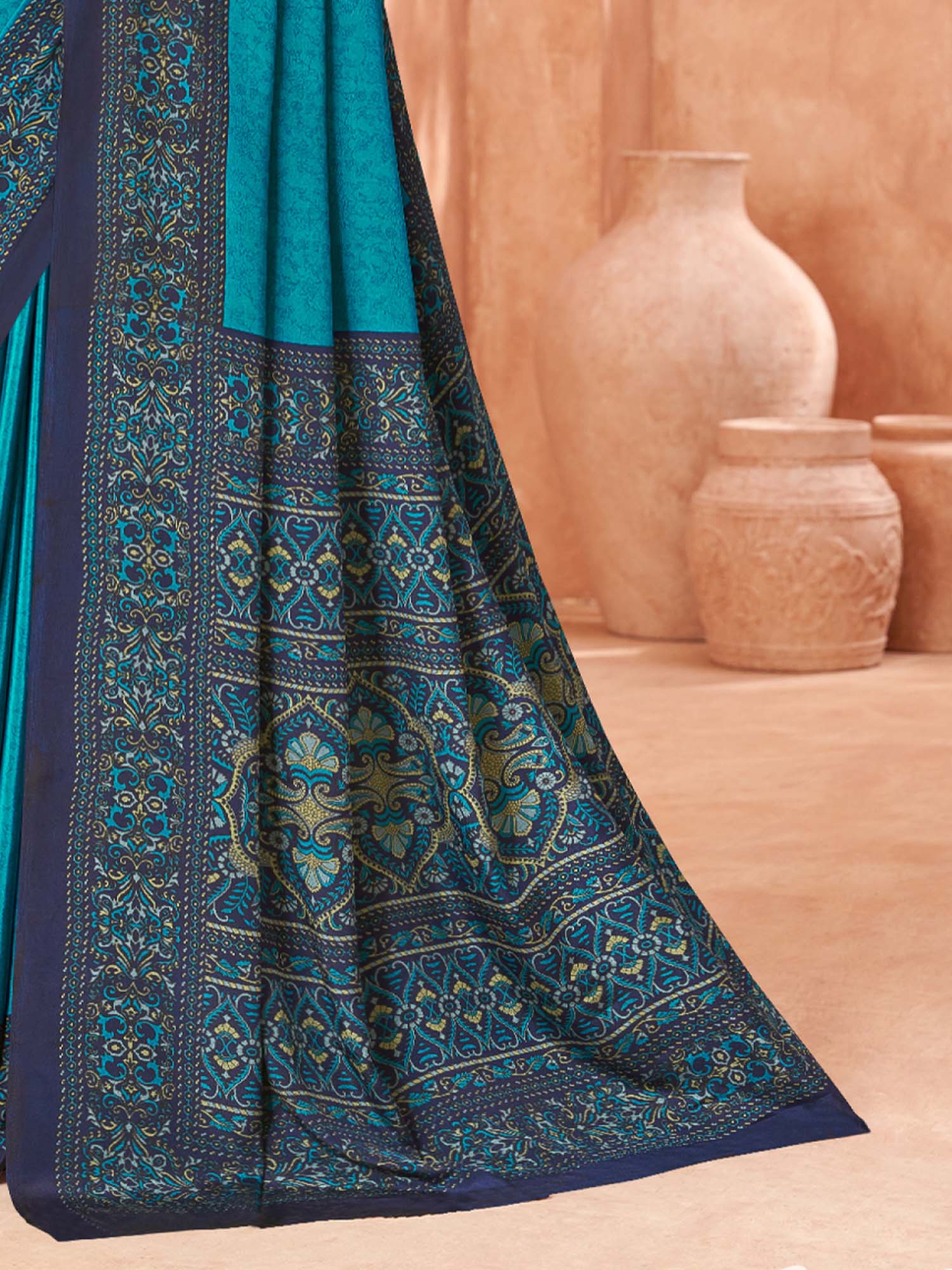 Teal Blue Crepe Daily Use Saree - Ressa