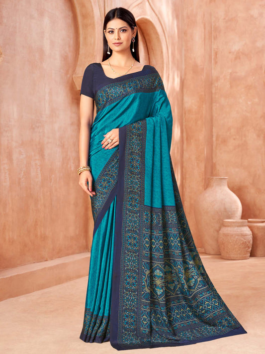 Teal Blue Crepe Daily Use Saree - Ressa