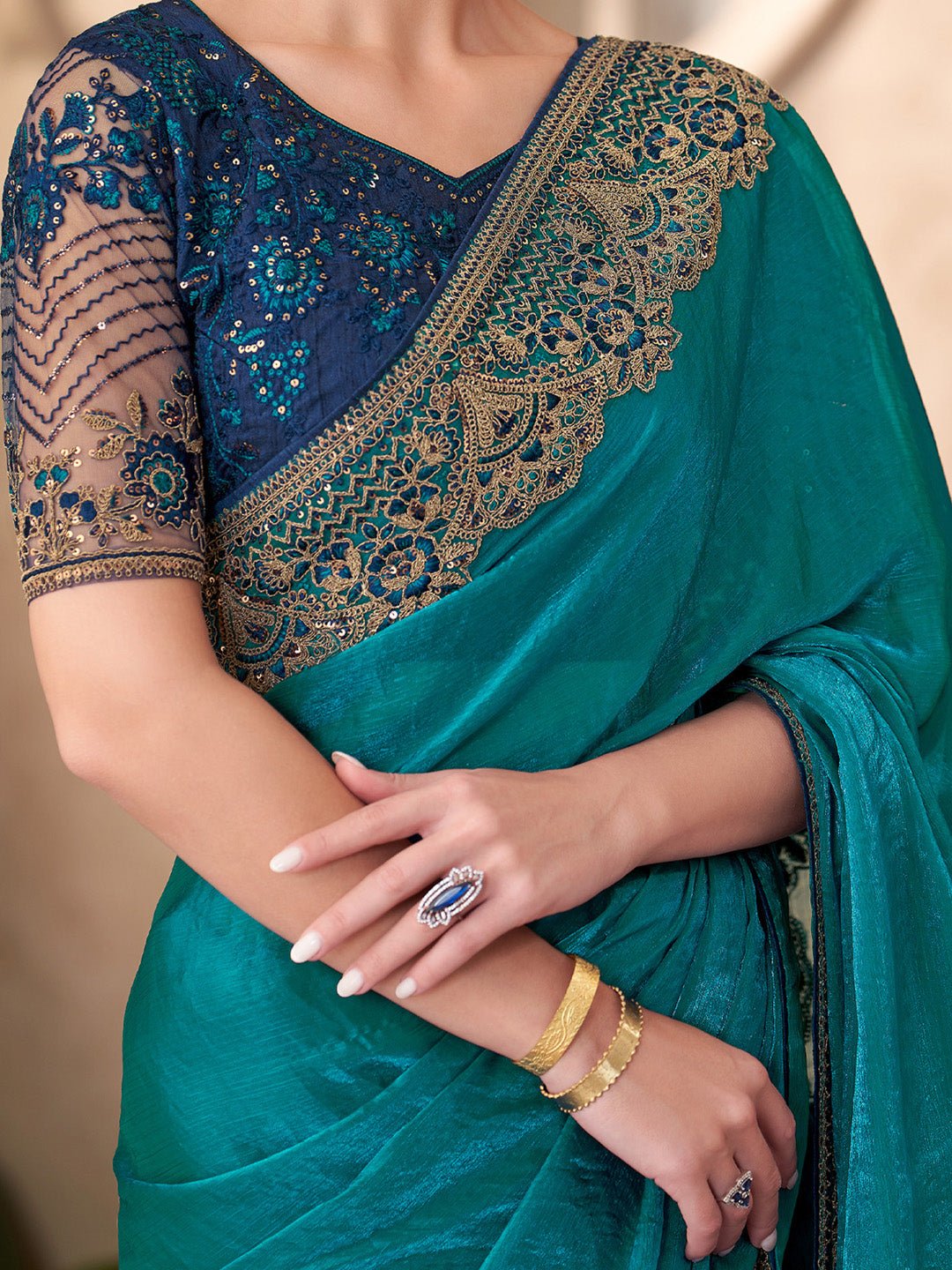 Teal Blue Embellished Party wear Saree - Ressa