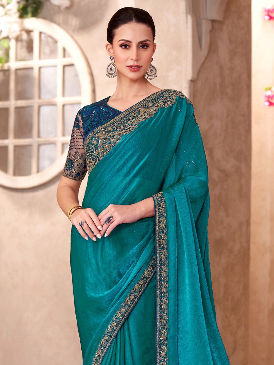 Teal Blue Embellished Party wear Saree - Ressa