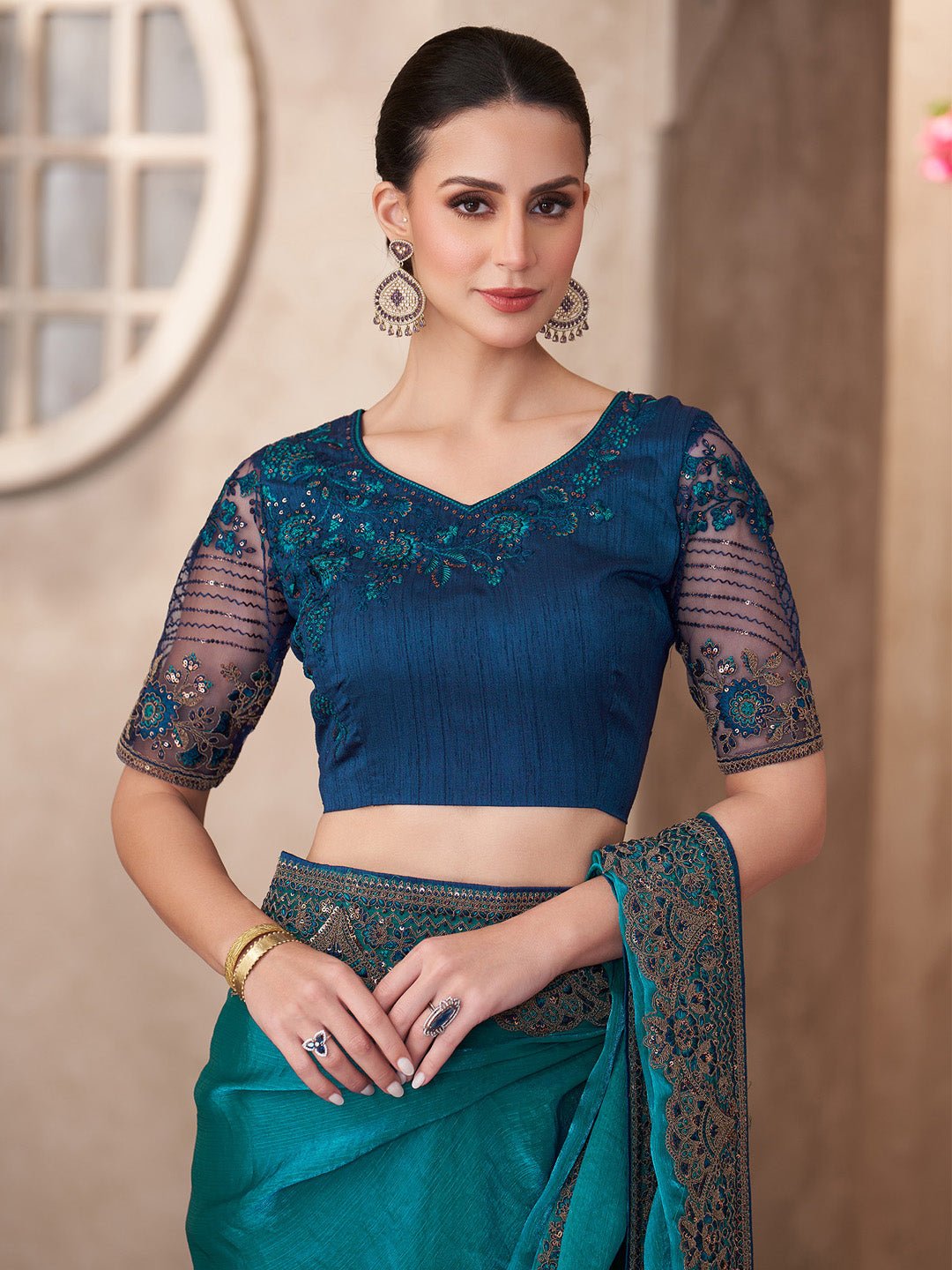 Teal Blue Embellished Party wear Saree - Ressa