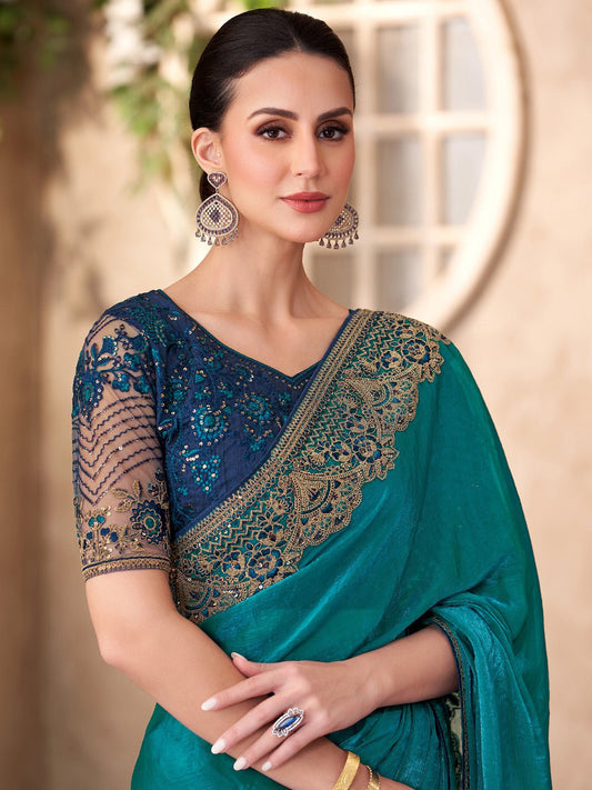 Teal Blue Embellished Party wear Saree - Ressa
