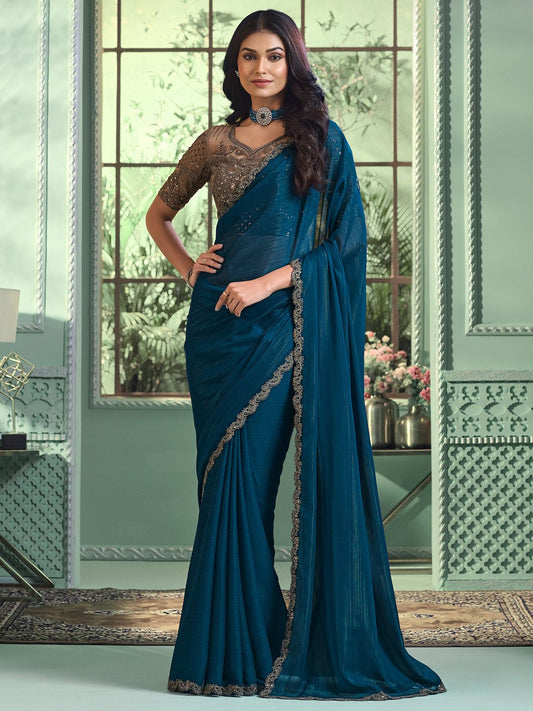 Teal Blue Emblished Party Wear Saree - Ressa