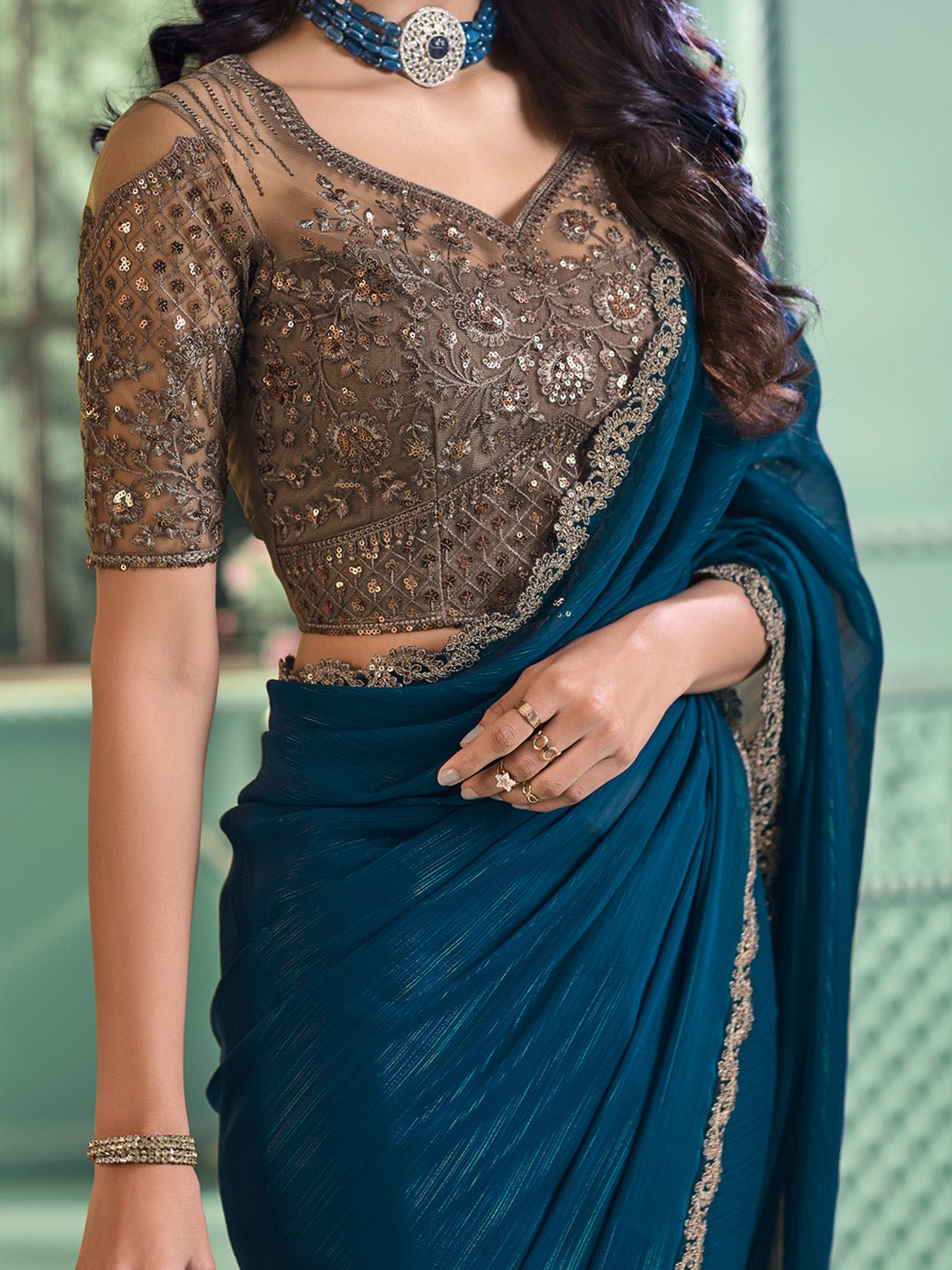 Teal Blue Emblished Party Wear Saree - Ressa