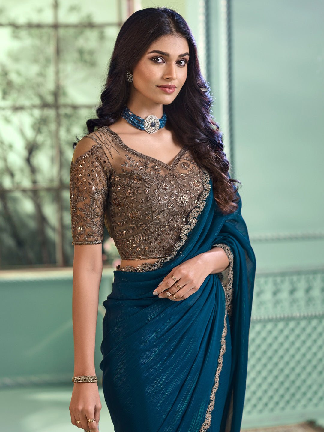 Teal Blue Emblished Party Wear Saree - Ressa