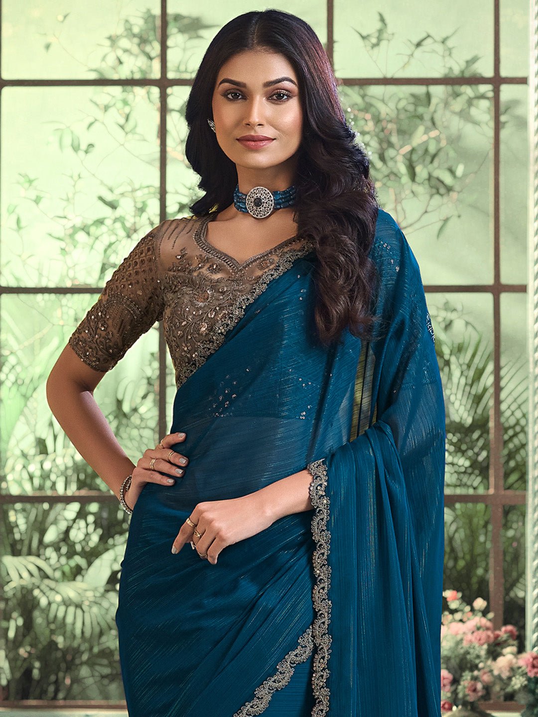 Teal Blue Emblished Party Wear Saree - Ressa