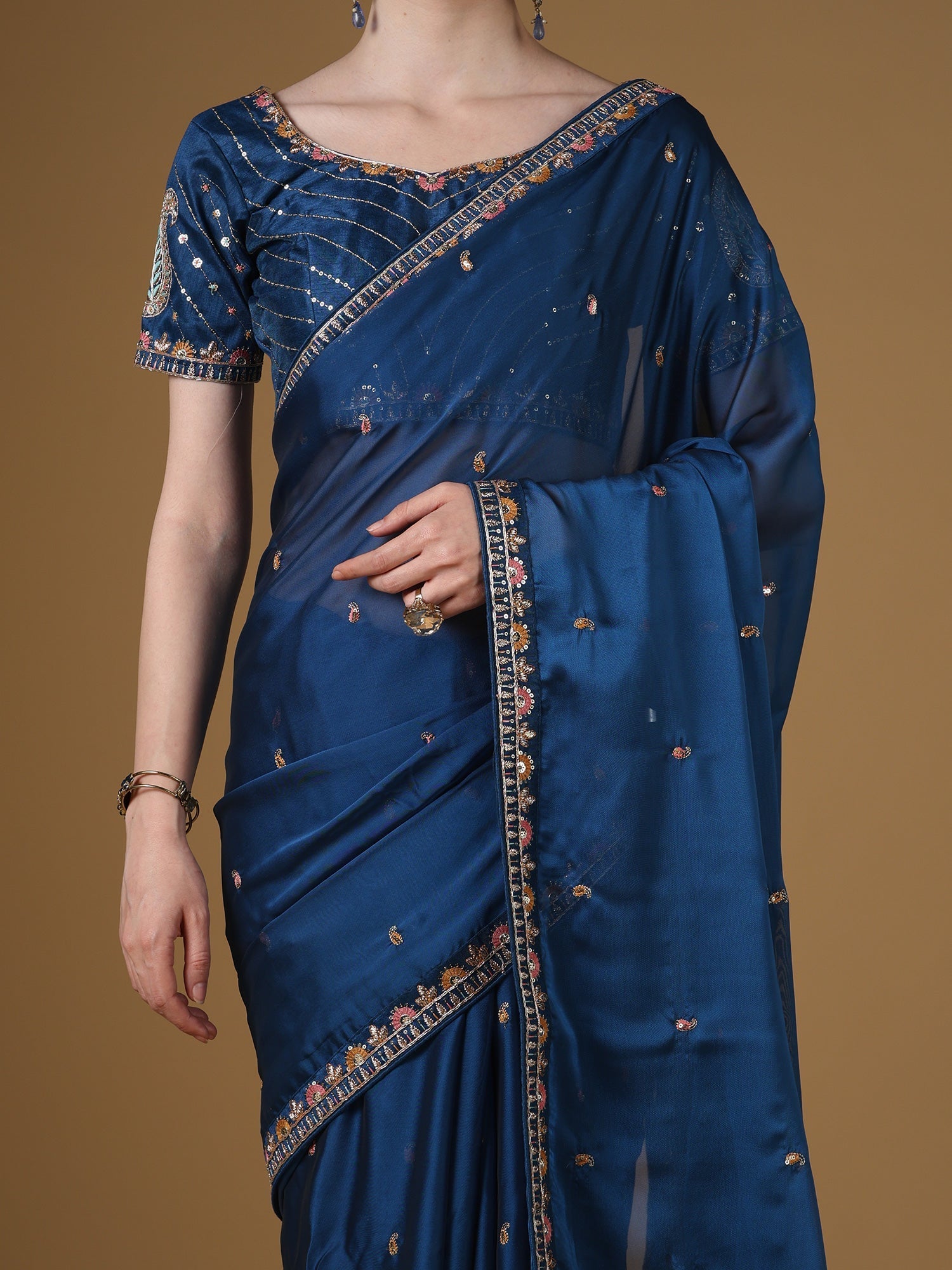 Teal Blue Embroidered Organza Saree with Blouse - Ressa