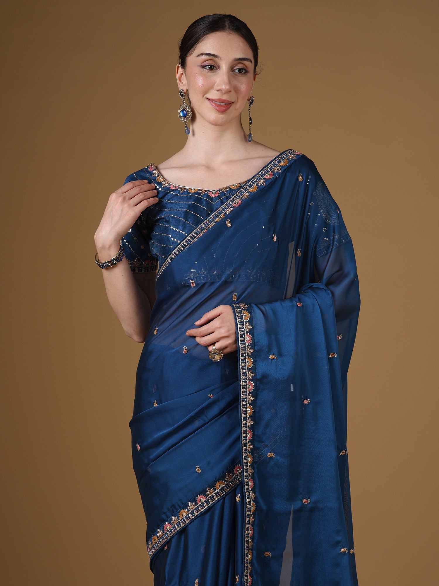 Teal Blue Embroidered Organza Saree with Blouse - Ressa