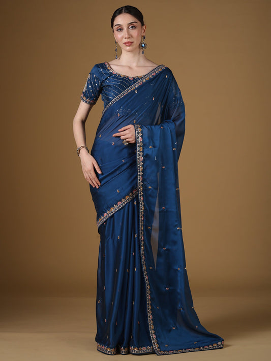 Teal Blue Embroidered Organza Saree with Blouse - Ressa