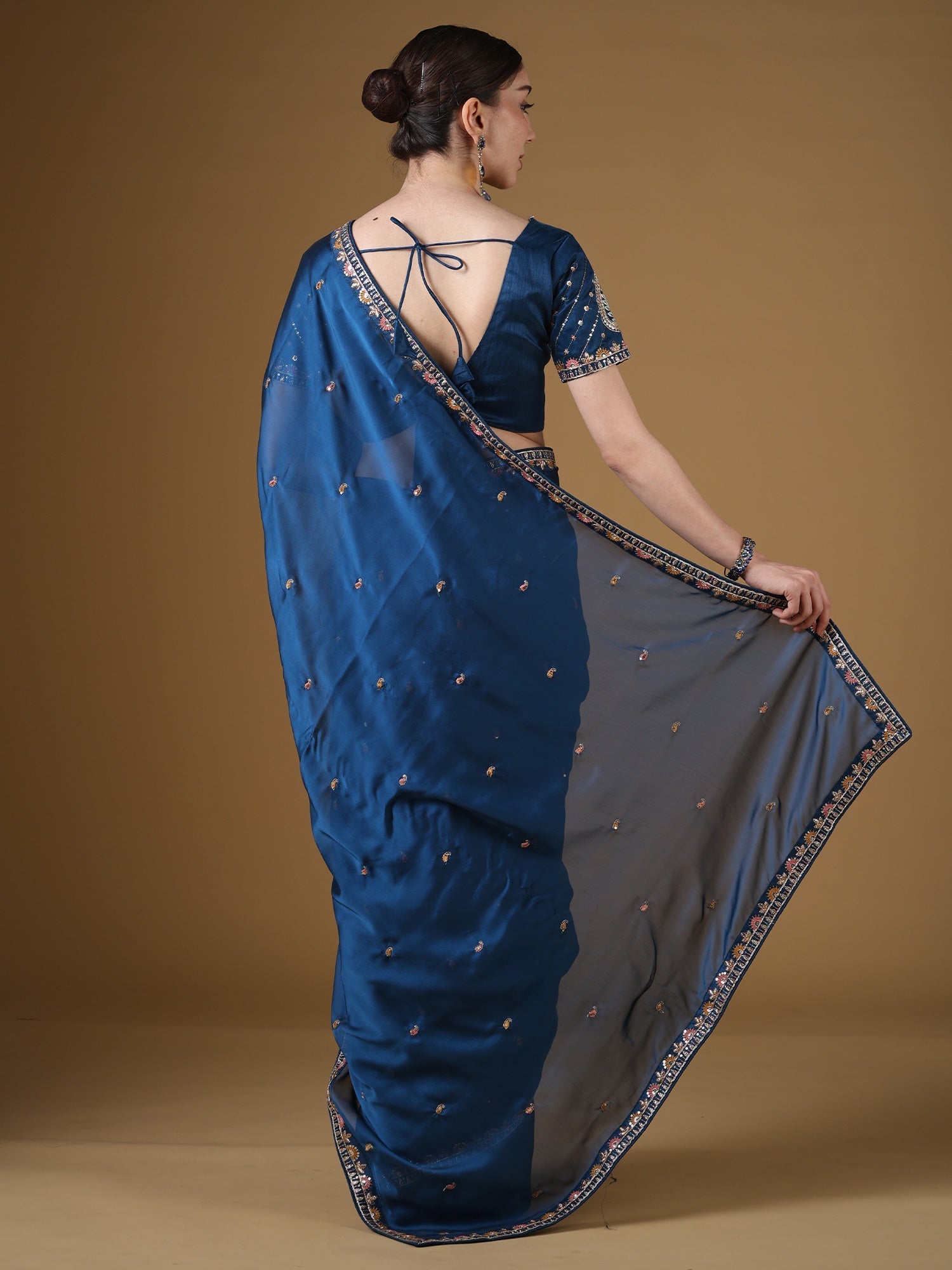 Teal Blue Embroidered Organza Saree with Blouse - Ressa