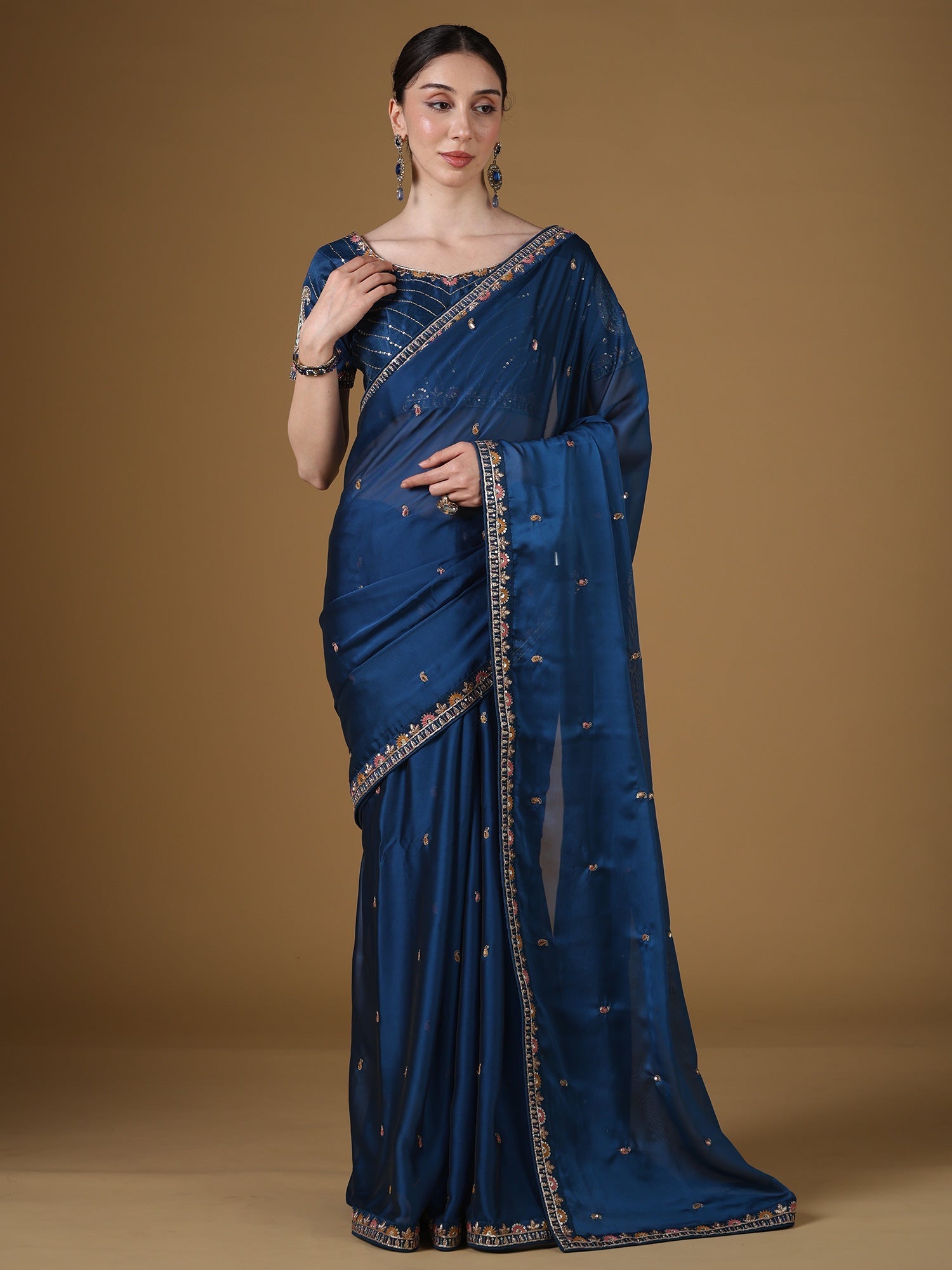 Teal Blue Embroidered Organza Saree with Blouse - Ressa