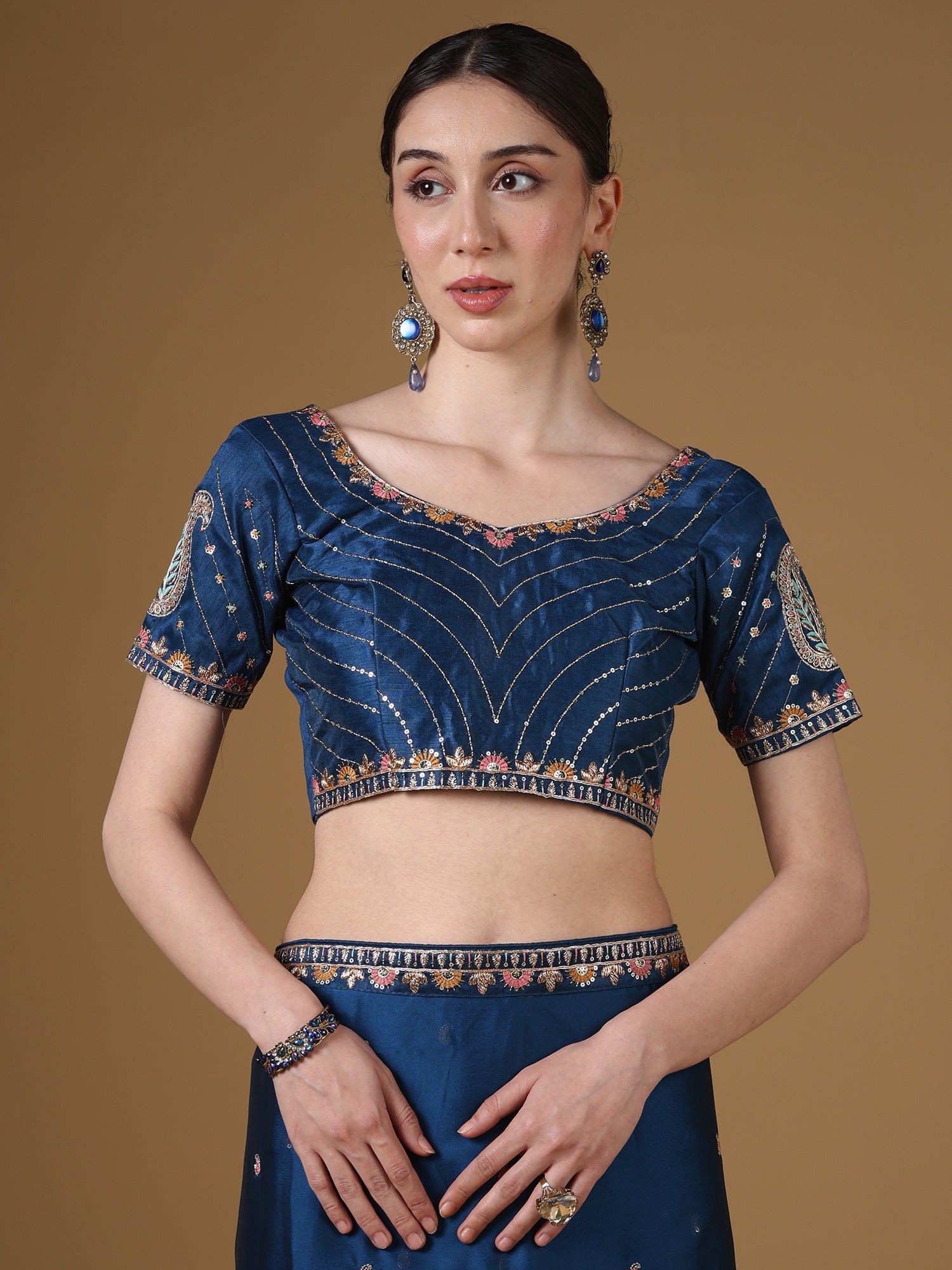 Teal Blue Embroidered Organza Saree with Blouse - Ressa