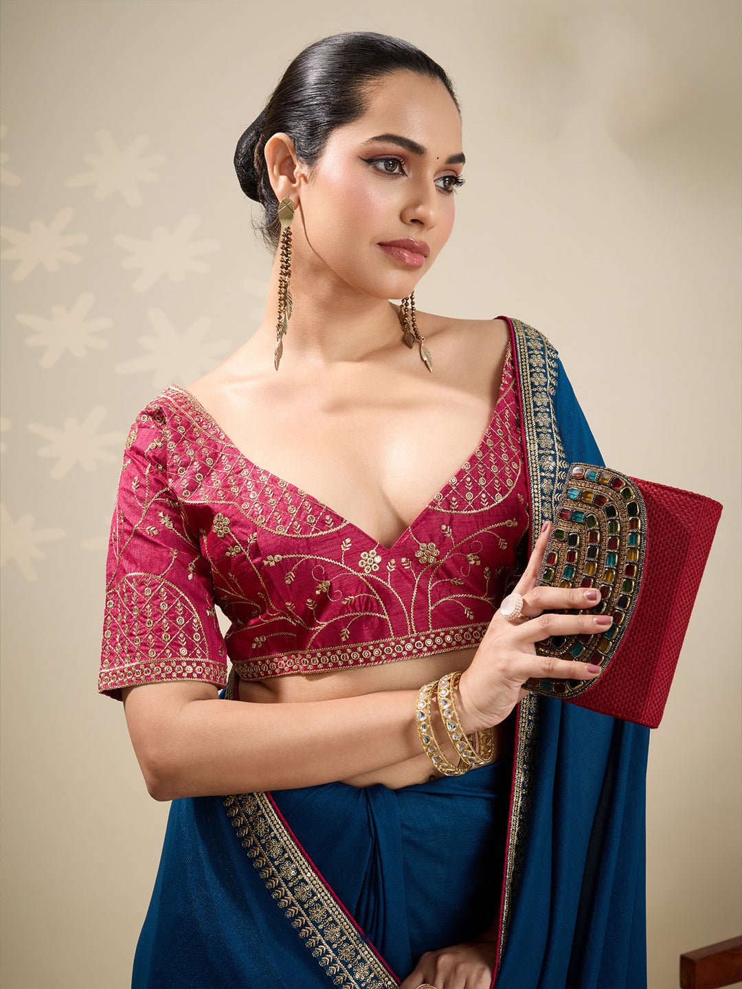 Teal Blue Embroidered Silk Blend Saree - Ressa