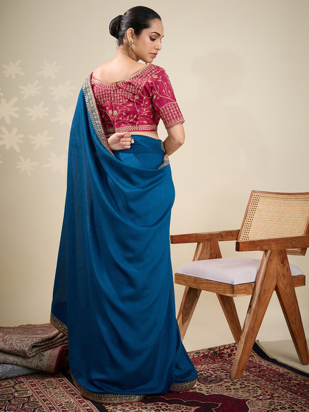 Teal Blue Embroidered Silk Blend Saree - Ressa