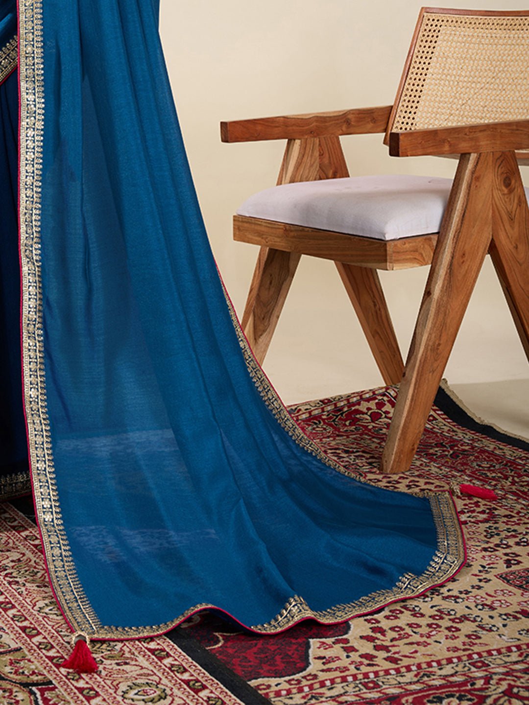 Teal Blue Embroidered Silk Blend Saree - Ressa