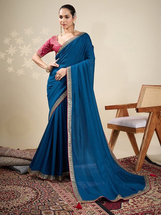 Teal Blue Embroidered Silk Blend Saree - Ressa