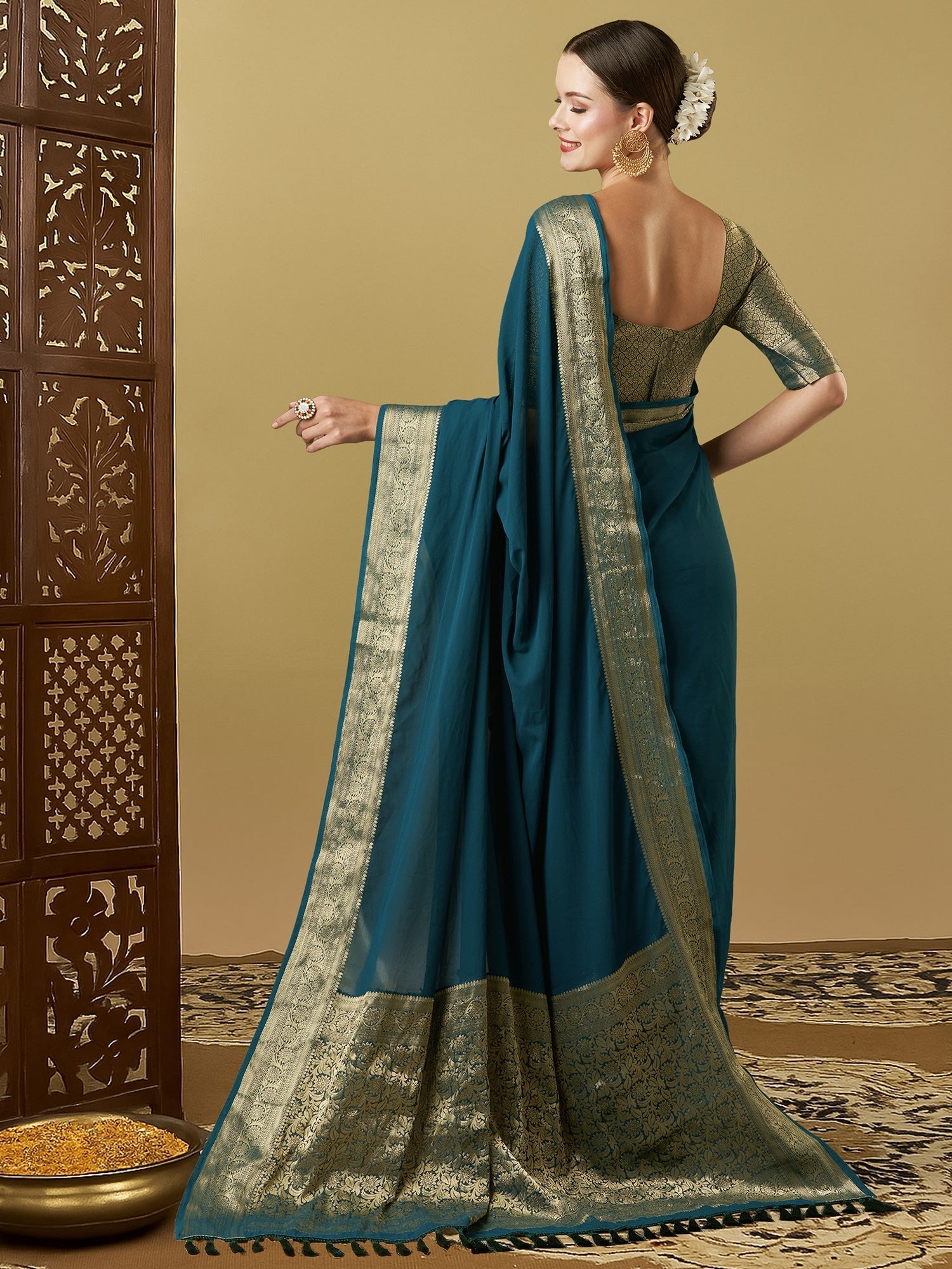 Teal BLue Floral Georgette Saree - Ressa
