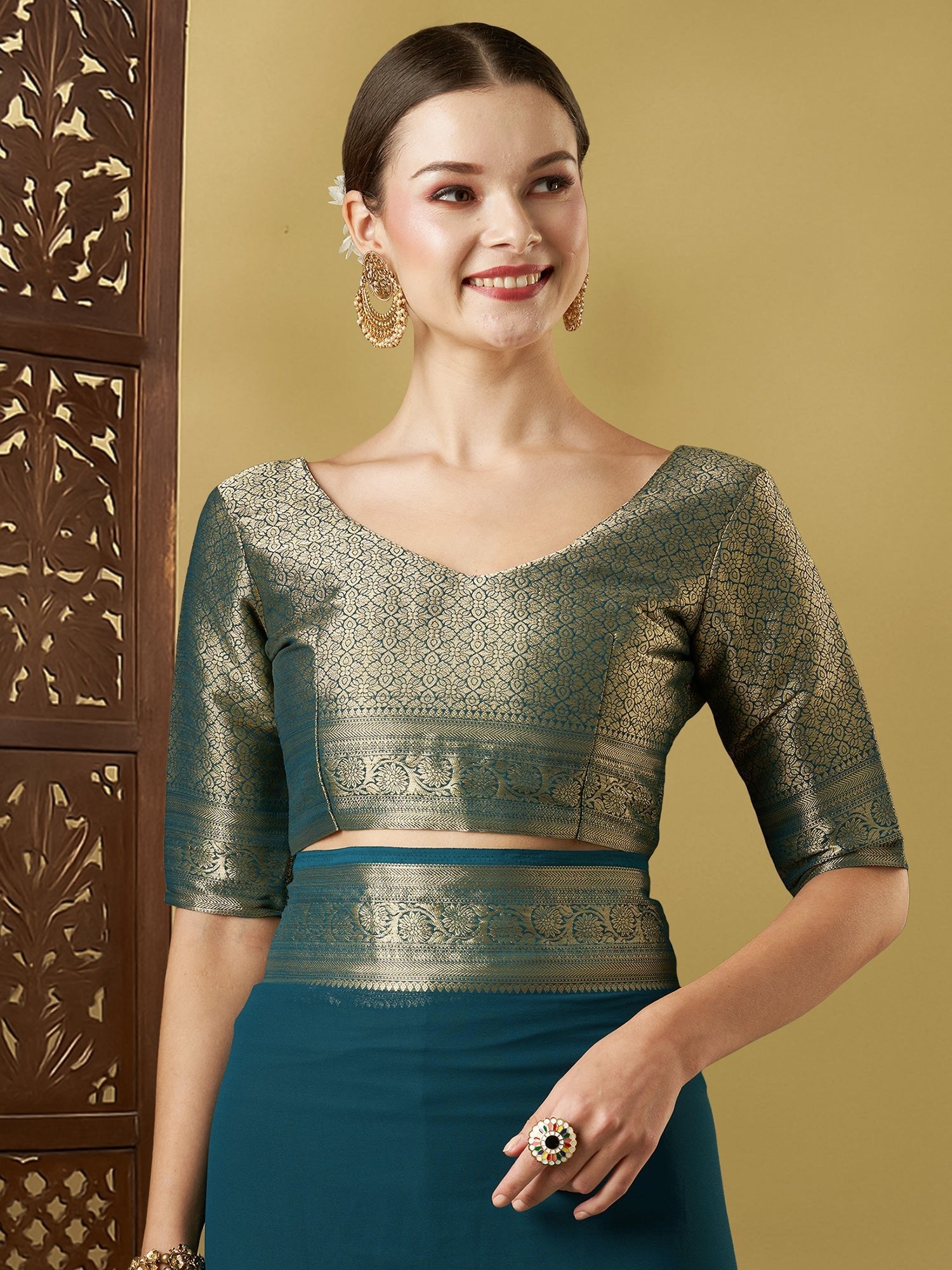 Teal BLue Floral Georgette Saree - Ressa