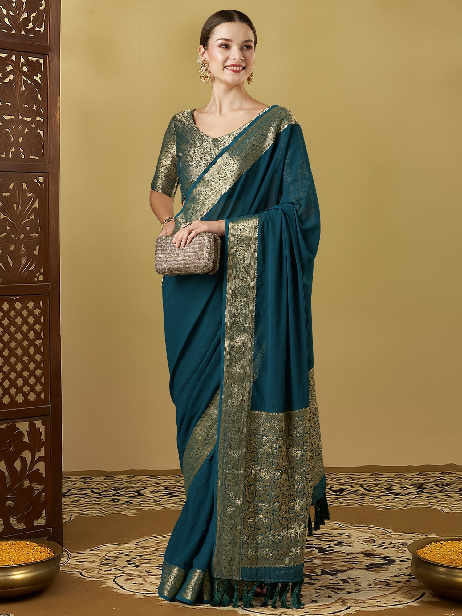 Teal BLue Floral Georgette Saree - Ressa