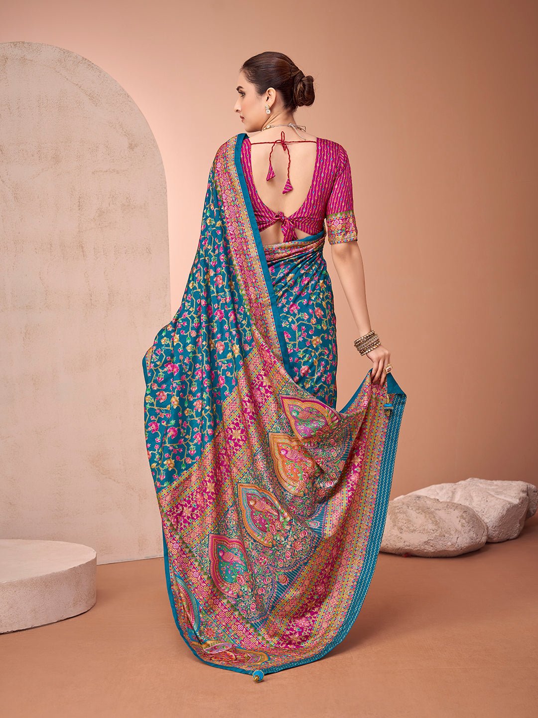 Teal Blue Foil Printed Saree - Ressa