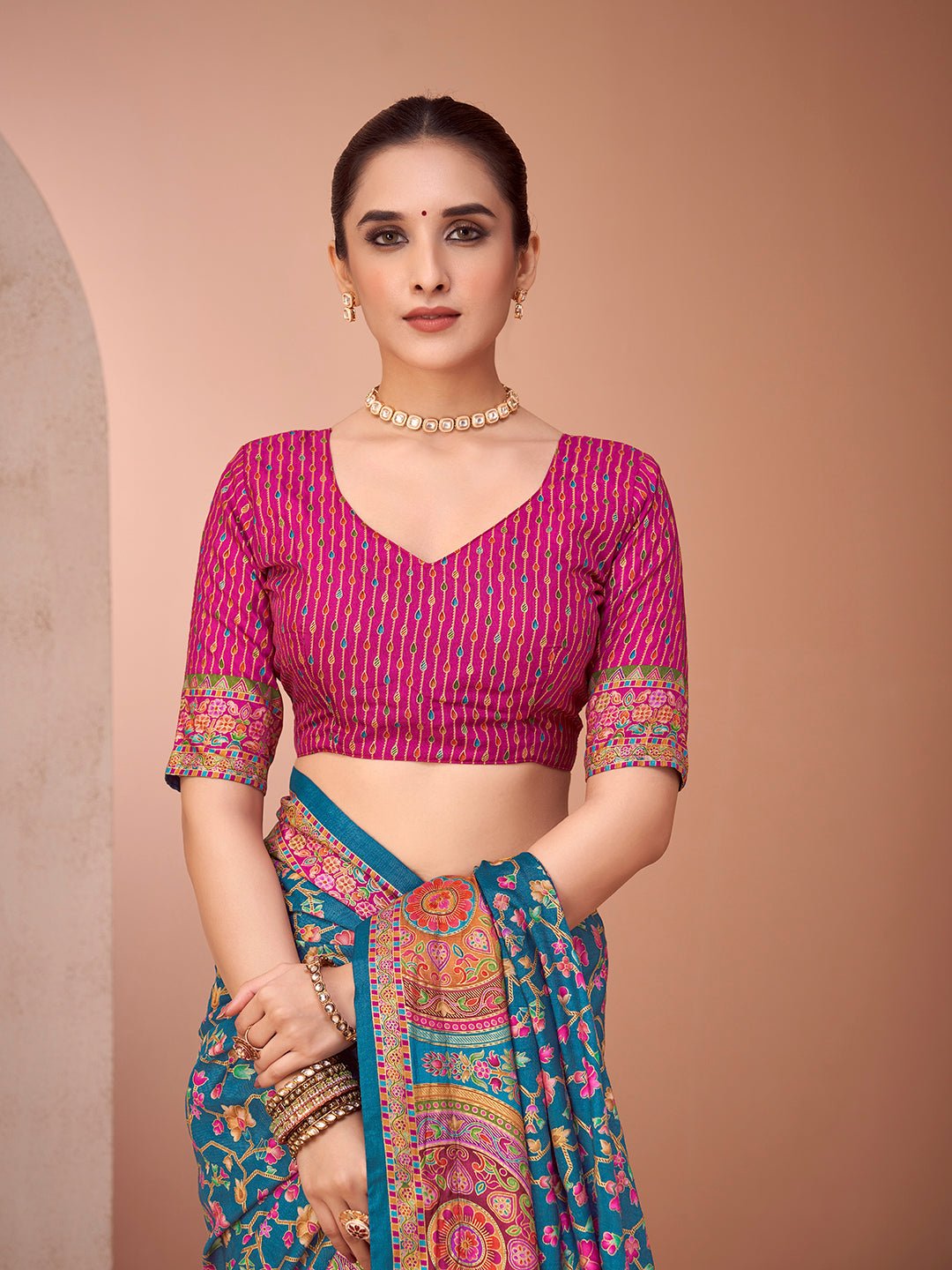 Teal Blue Foil Printed Saree - Ressa