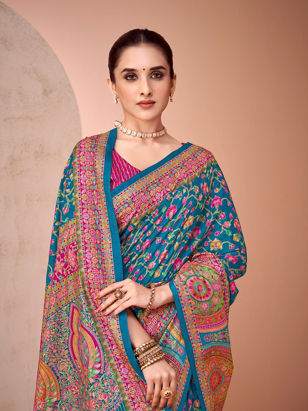Teal Blue Foil Printed Saree - Ressa