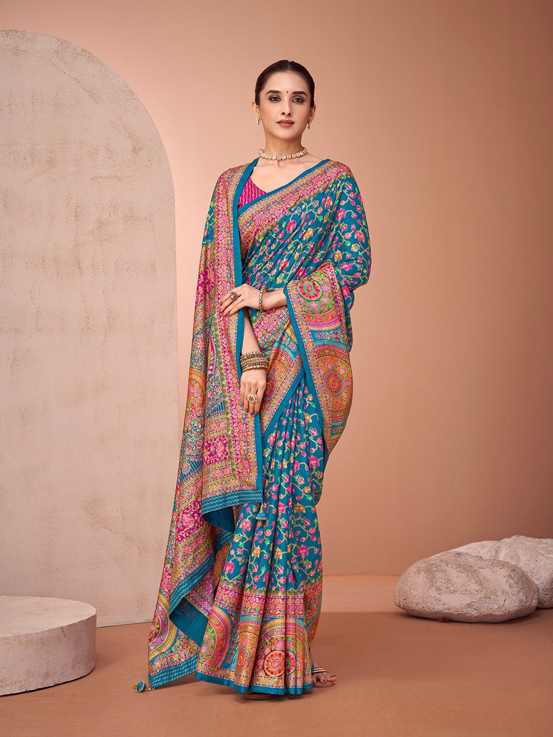 Teal Blue Foil Printed Saree - Ressa