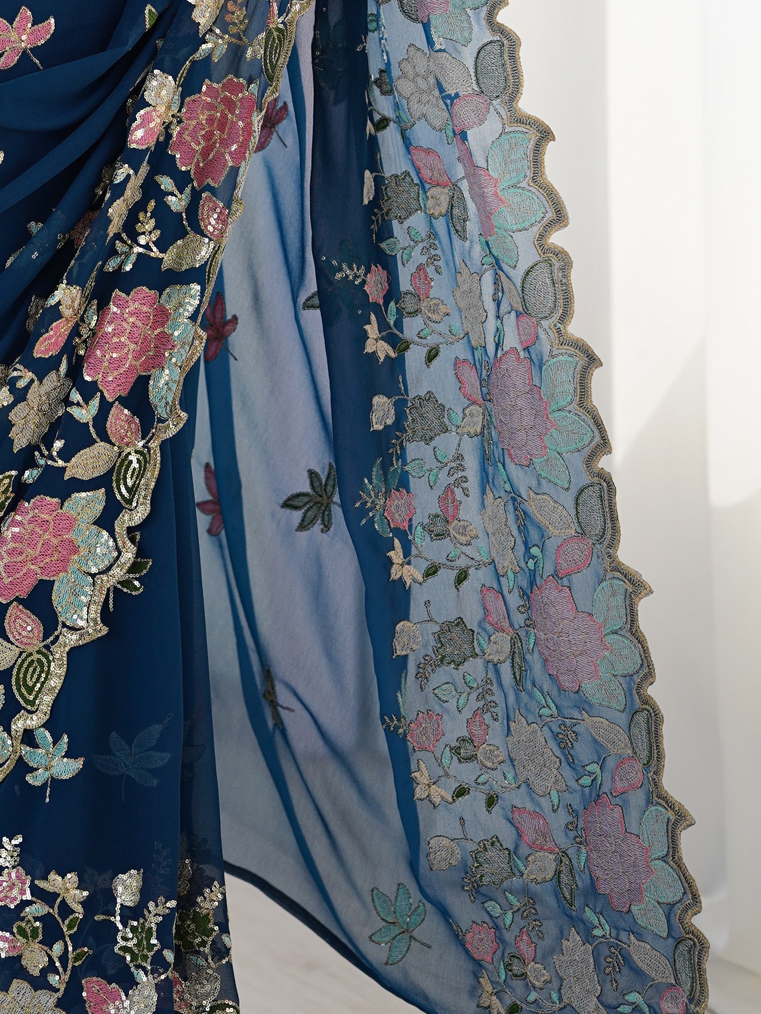 Teal Blue Georgette Embroidered Saree - Ressa