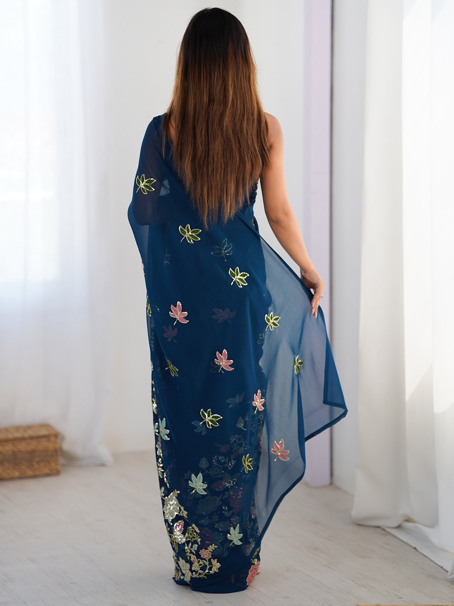 Teal Blue Georgette Embroidered Saree - Ressa