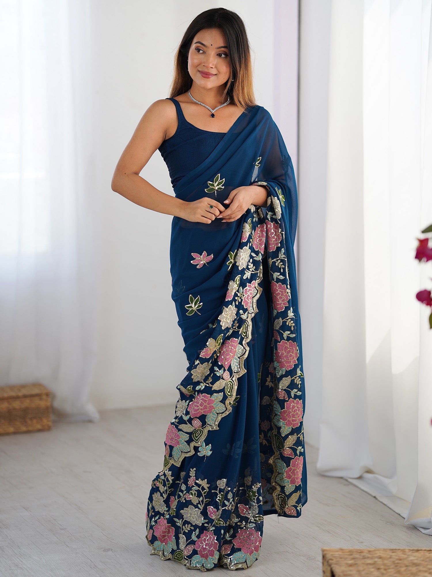Teal Blue Georgette Embroidered Saree - Ressa